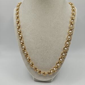 VINTAGE Gold Tone Chain Faux Pearl Strand Necklace
